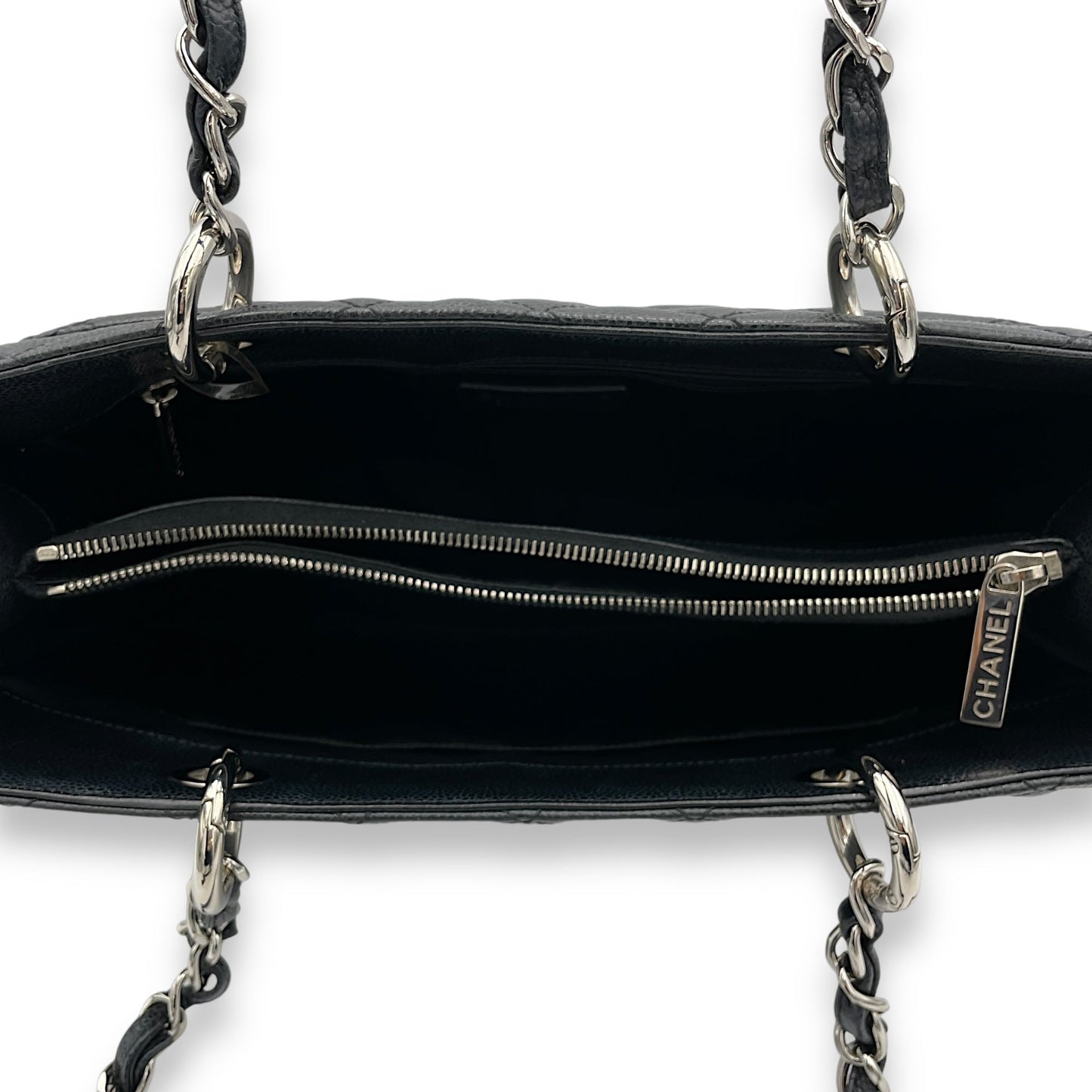 GST Black Tote Bag in Caviar Leather, Silver hardware