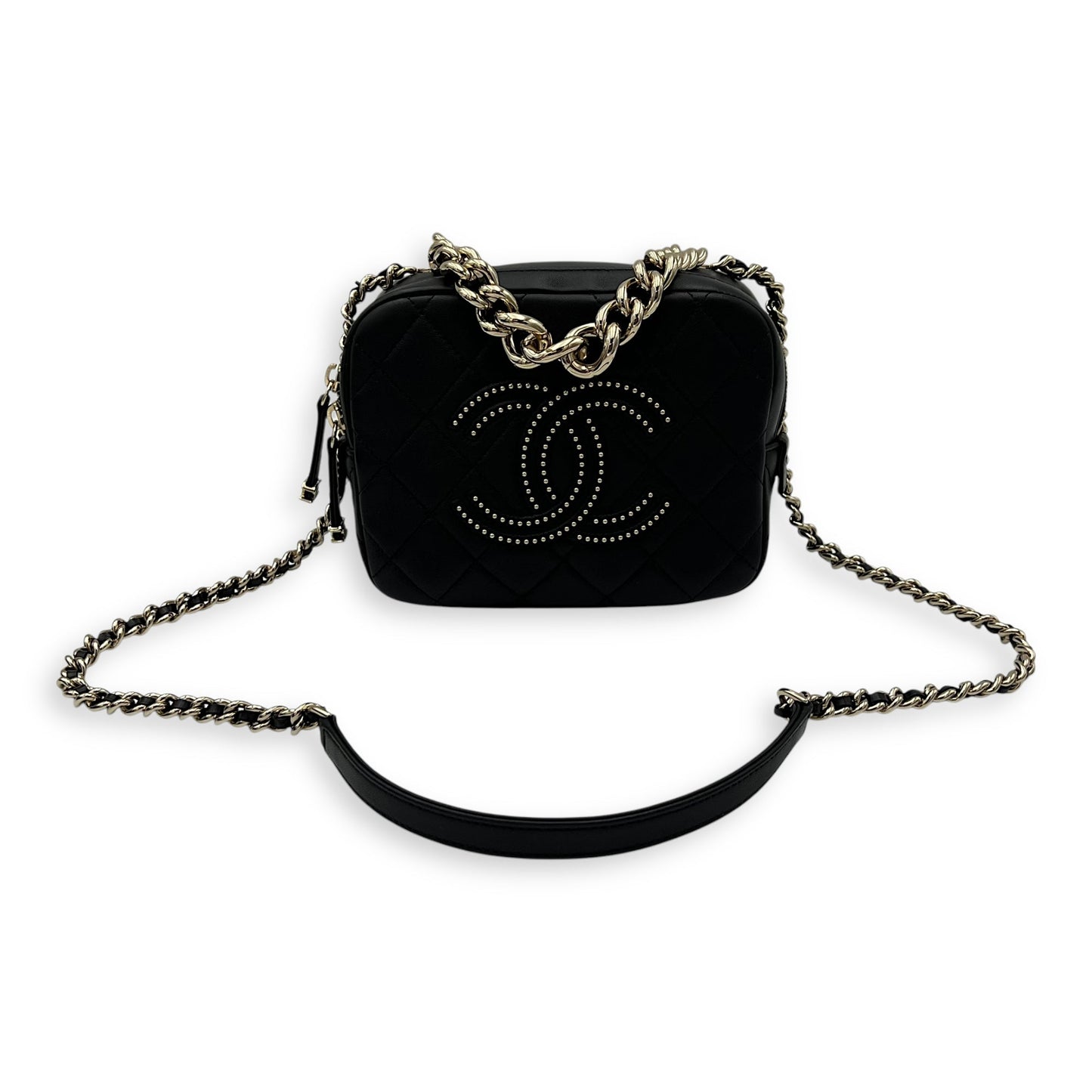 CC Camera Studded Black Shoulder Bag in Lambskin, Gold hardware