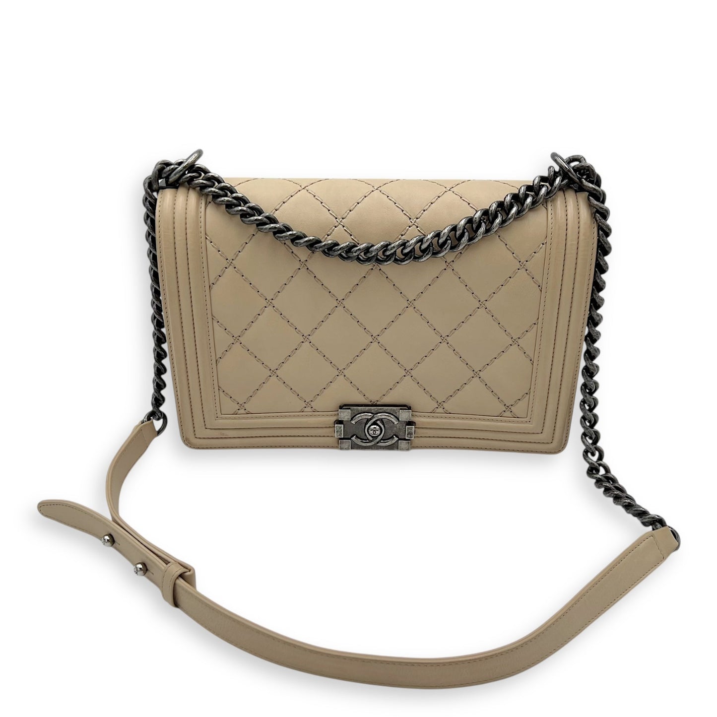 Boy Medium Beige Shoulder Bag in Calfskin, Gunmetal hardware