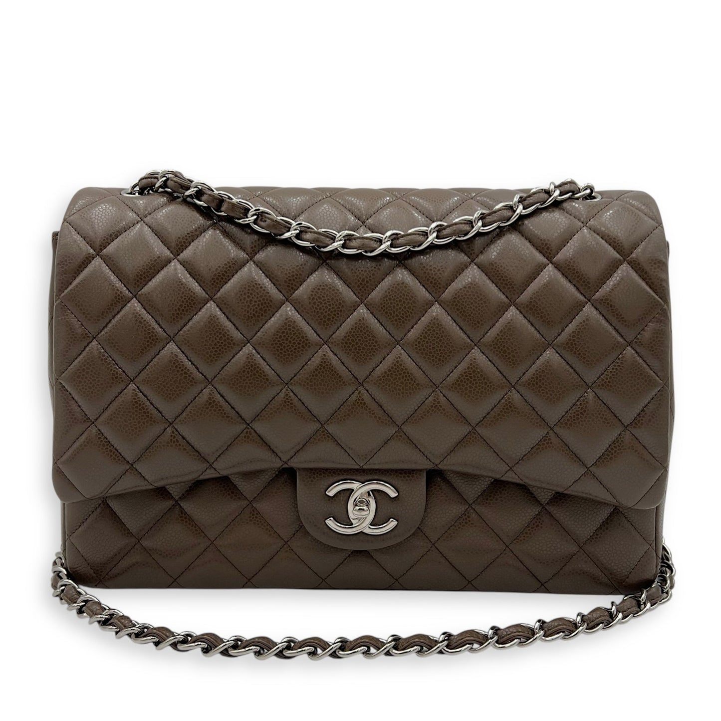 Classic Shoulder Bag Maxi Green in Caviar Leather, Silver hardware