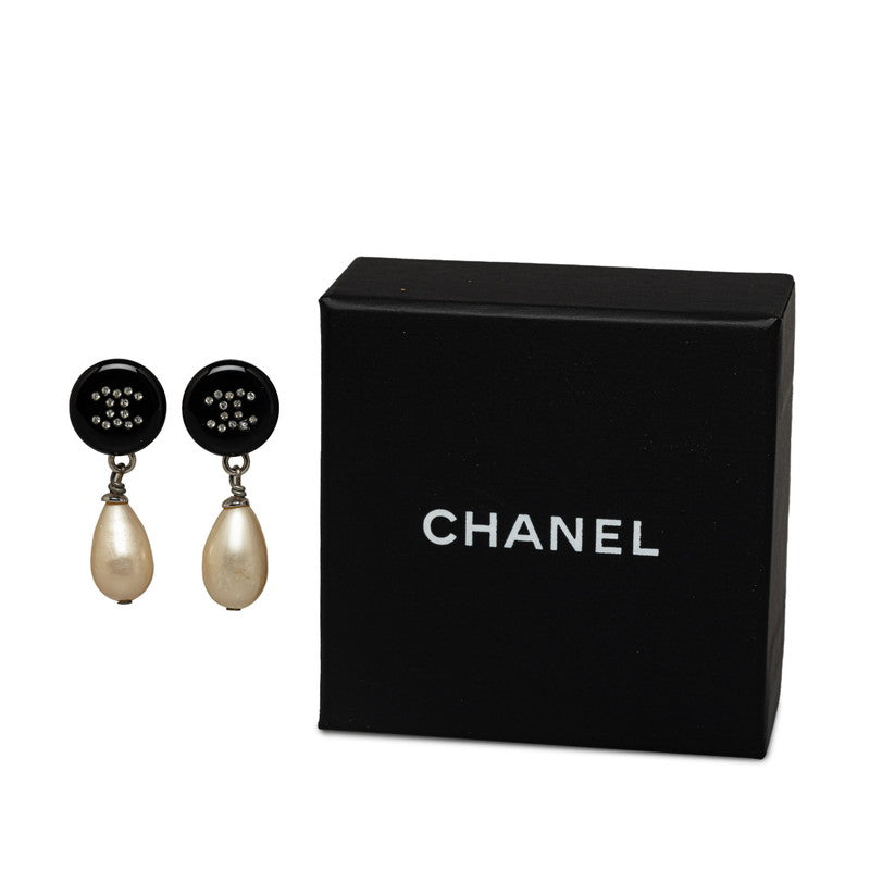 Chanel CC Rhinestone Pearl Drop Earrings Metal Earrings in Good condition