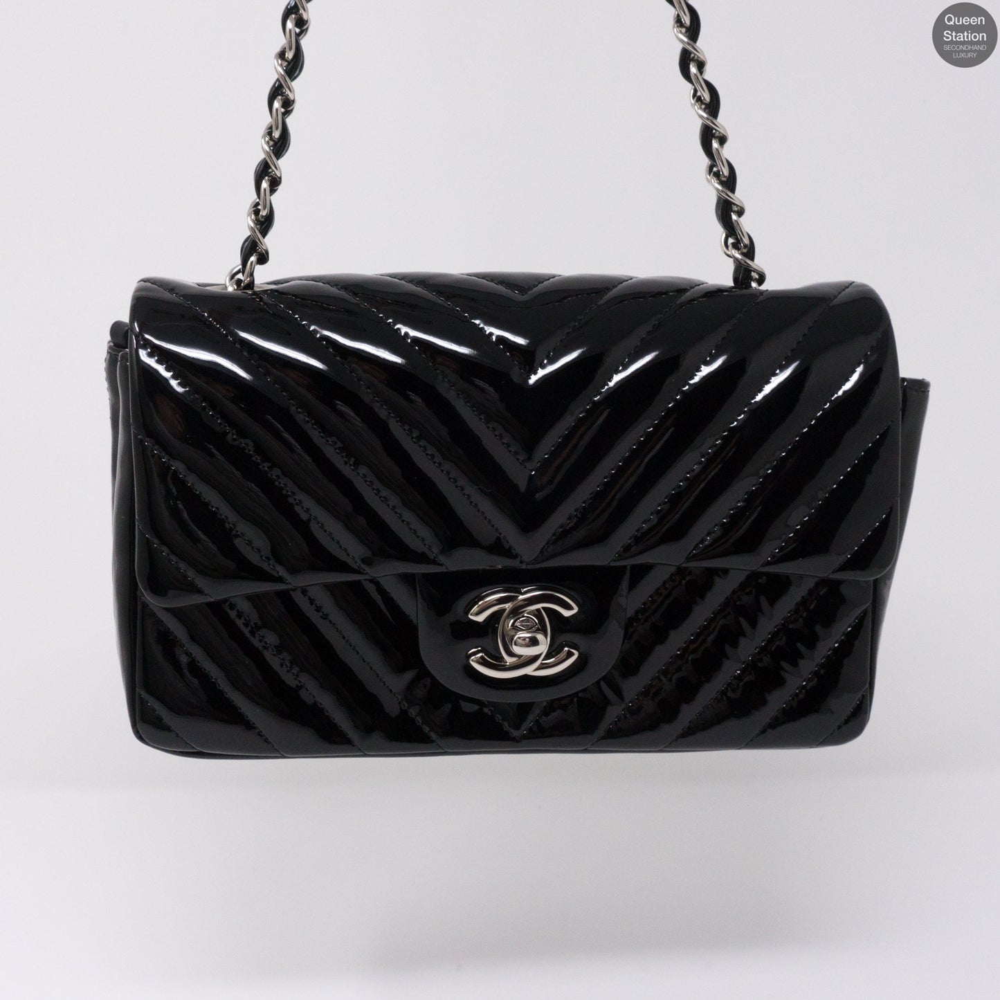 Chevron Rectangular Mini Flap Black Patent Leather Bag