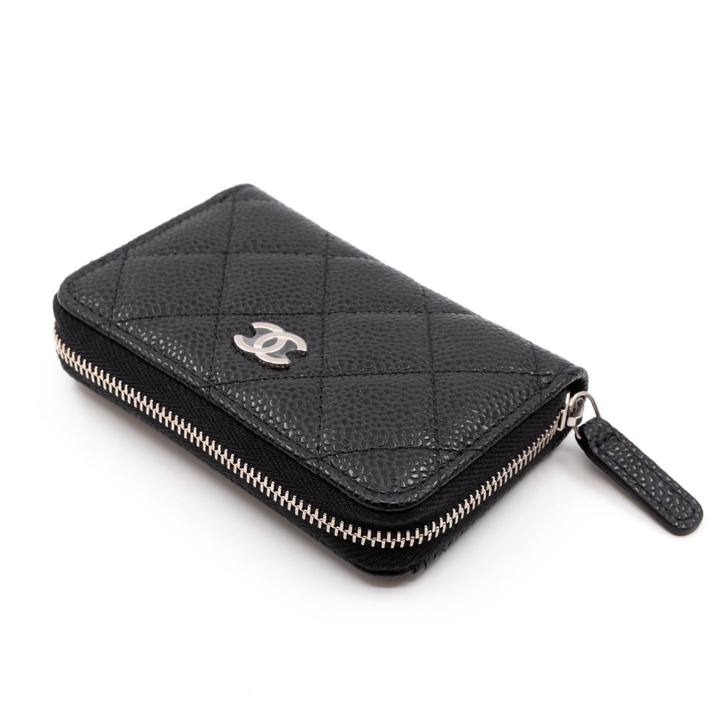 Zipped Coin Purse Black Caviar Silver