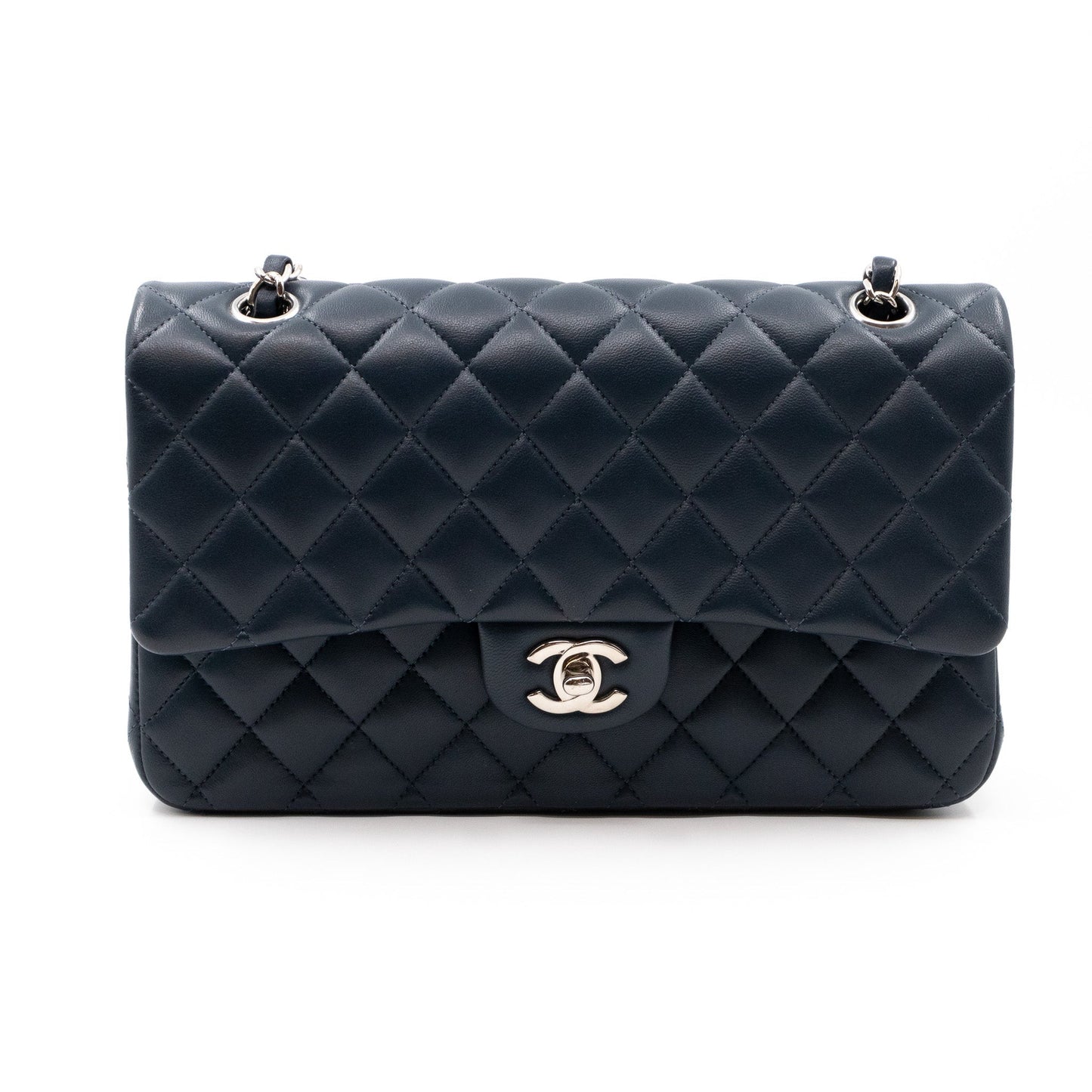 Classic Double Flap Bag Medium Navy Blue Leather Silver