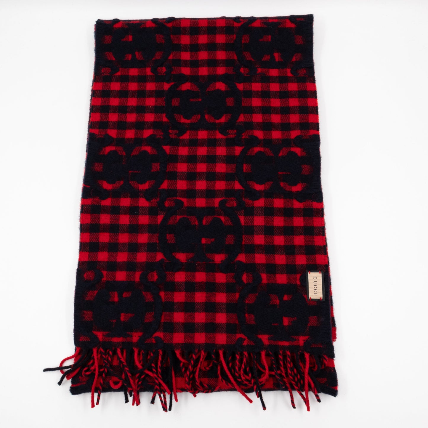 GG Plaid Tartan Wool Scarf Stole Red & Dark Blue
