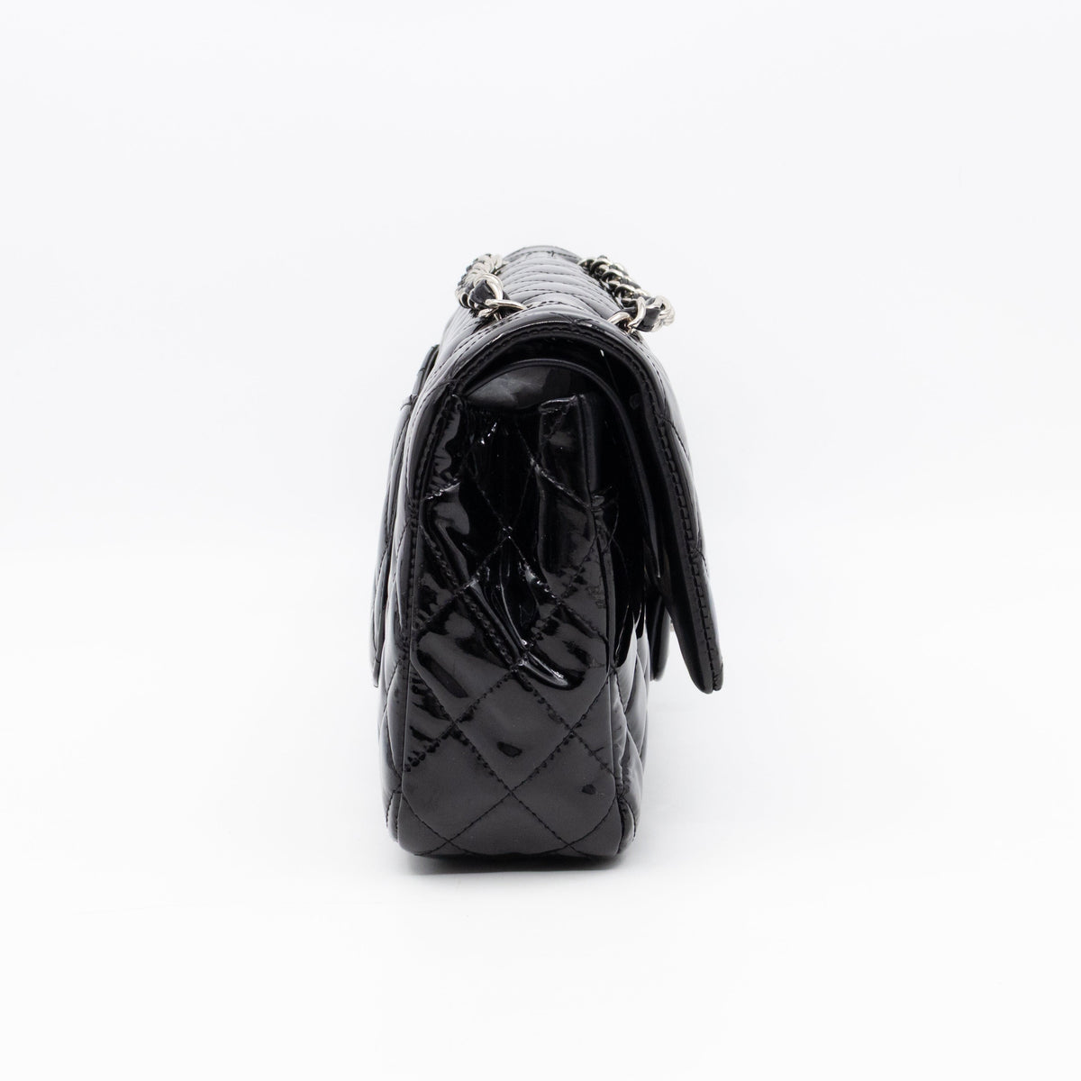 Classic Double Flap Medium Black Patent Leather Silver