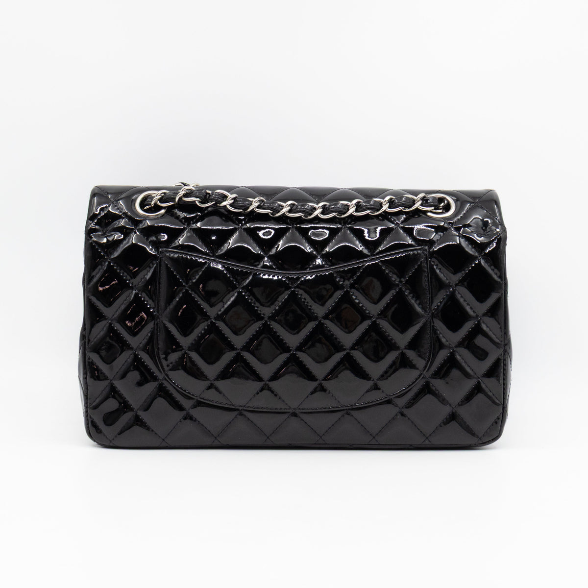 Classic Double Flap Medium Black Patent Leather Silver