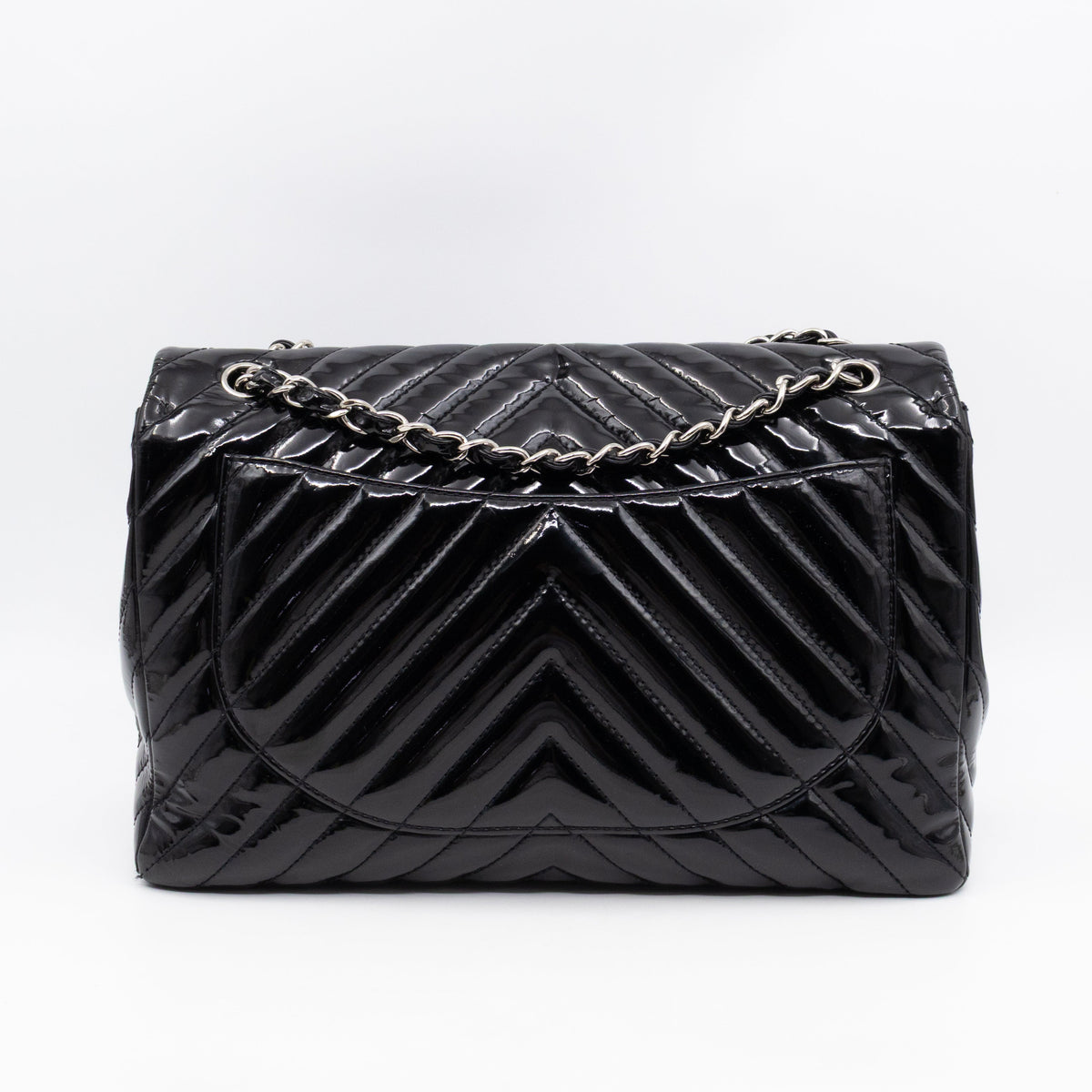 Classic Single Flap Maxi Black Chevron Patent Silver