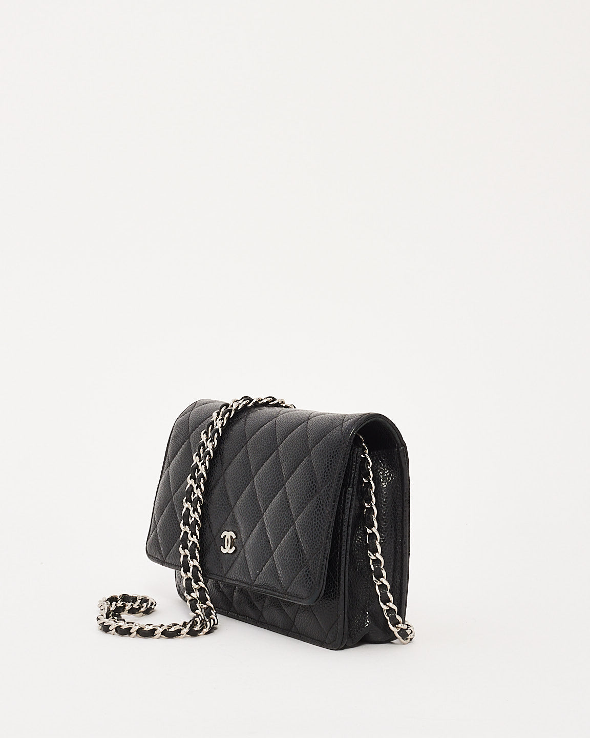 Chanel Black Caviar Leather Quilted Wallet On Chain SHW