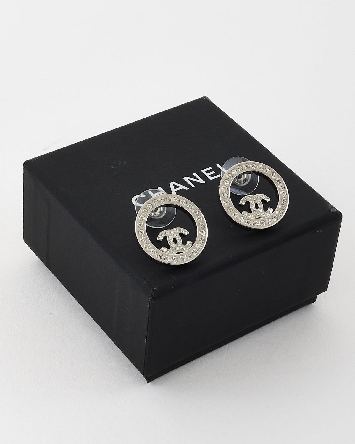 Chanel Crystal & Silver Logo Round Stud Earrings