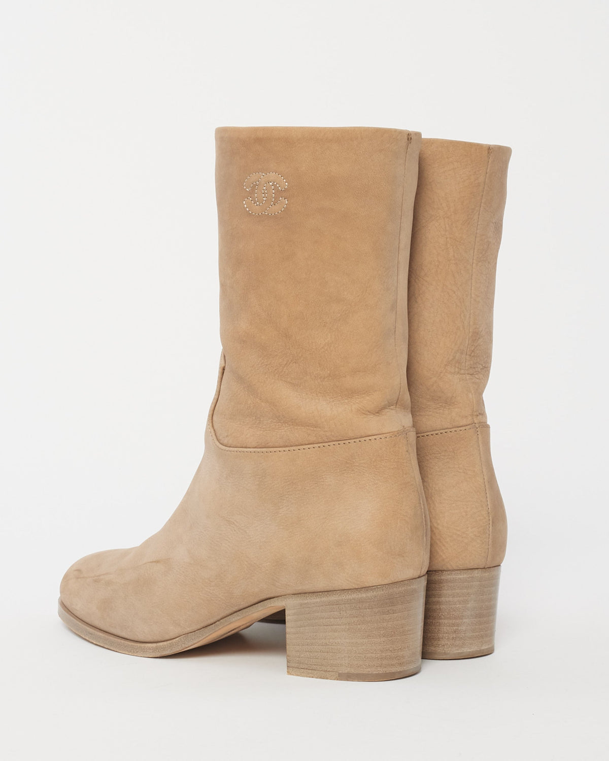 Chanel Light Beige Suede Logo Stitch Ankle Booties - 36.5