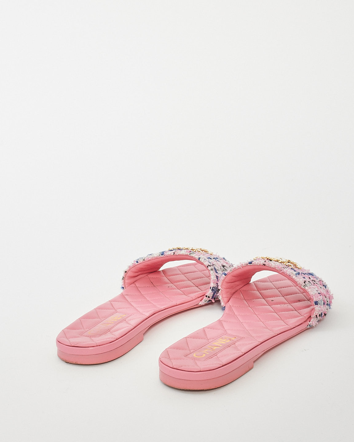 Chanel Pink Multi Leather & Tweed Logo Flat Sandals - 41