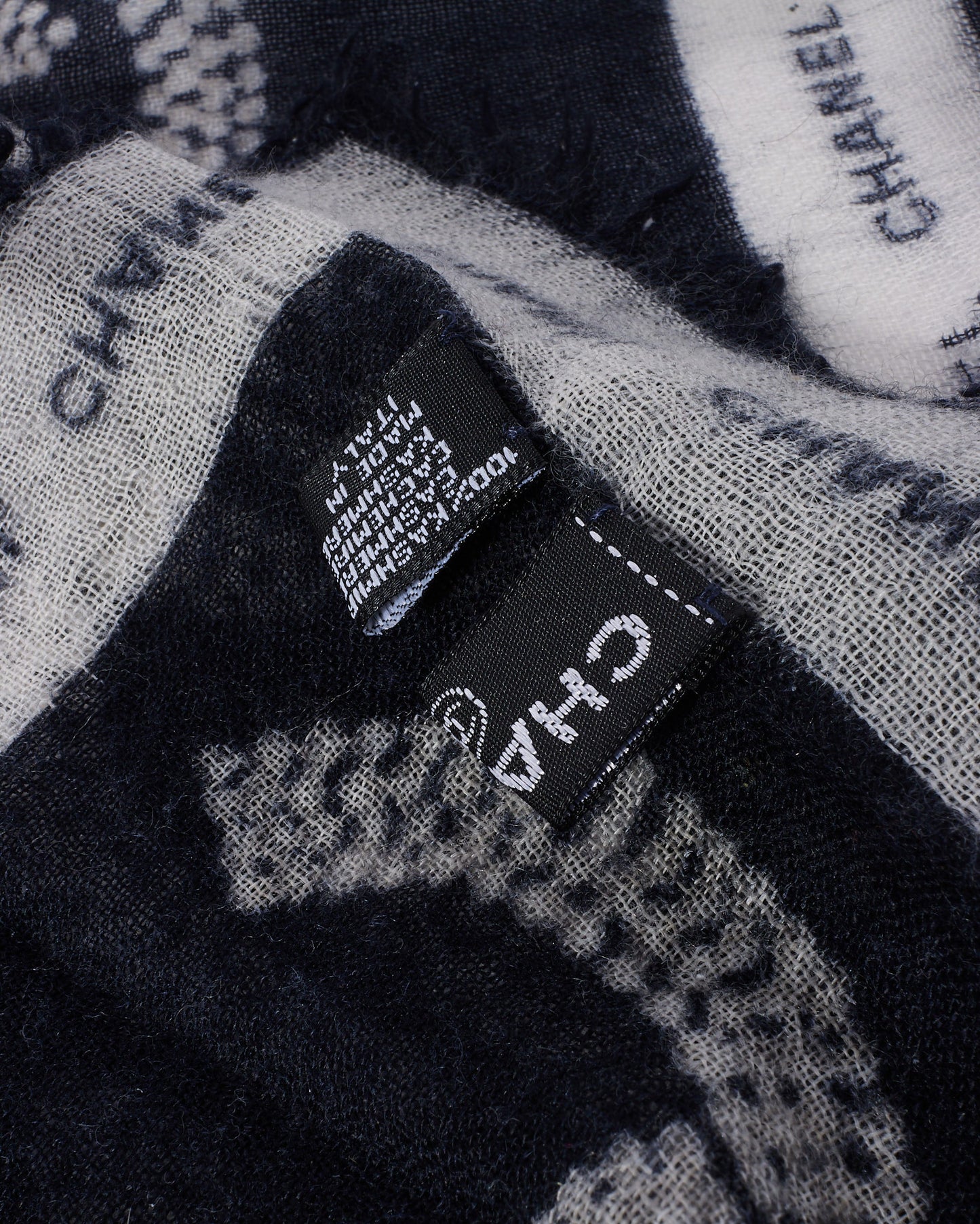 Chanel Black & White Chain Link Logo Cashmere Blend Square Scarf