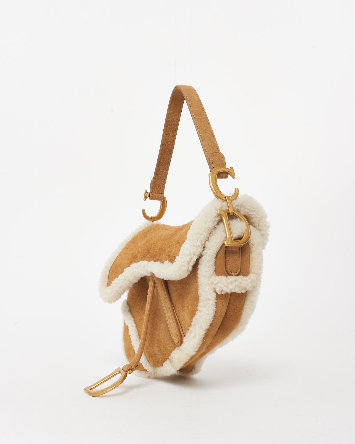 Dior Camel Brown Suede & Shearling Saddle Bag W/ Logo Embroidered Strap
