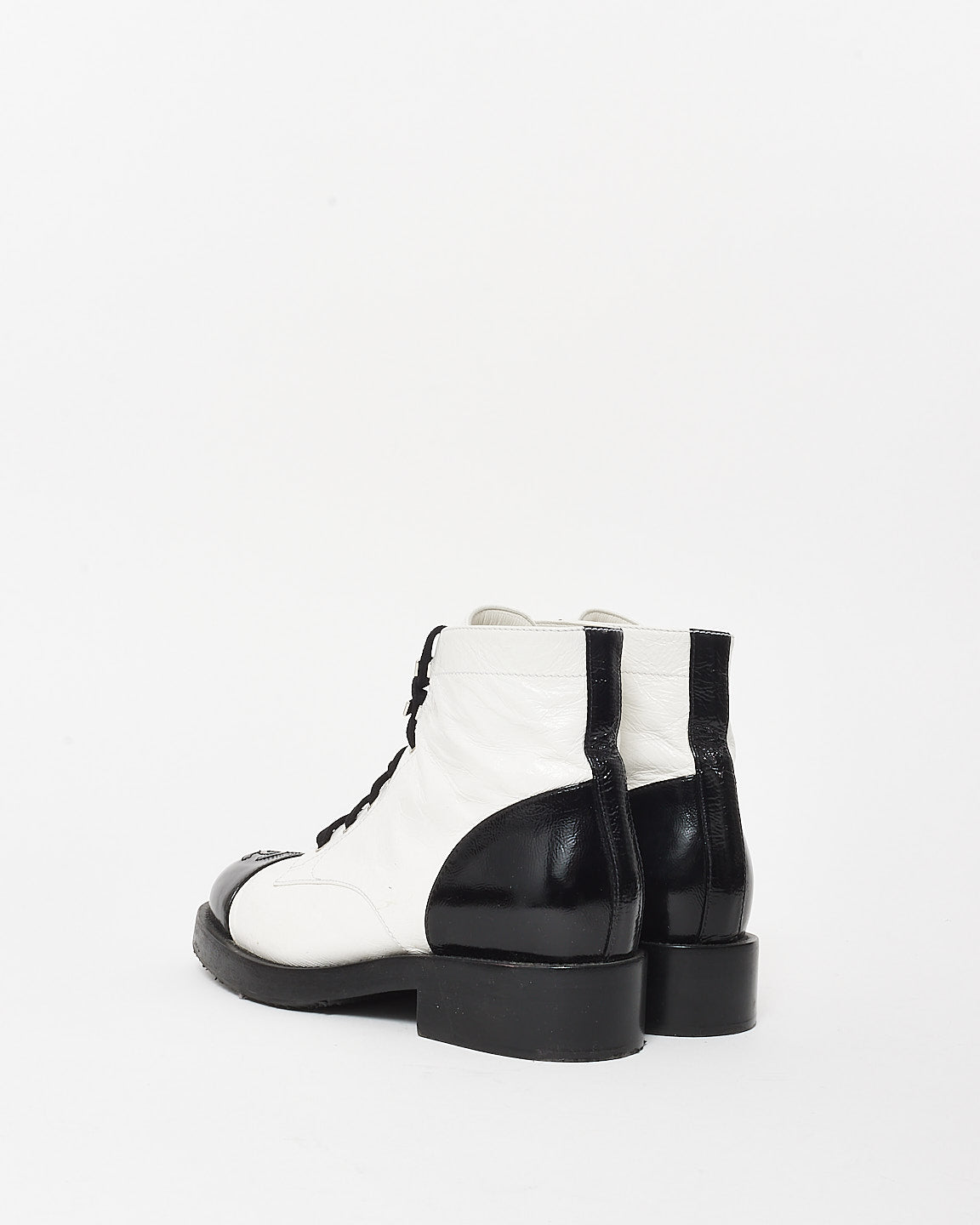 Chanel White Leather & Black Cap Toe Combat Boots - 37.5