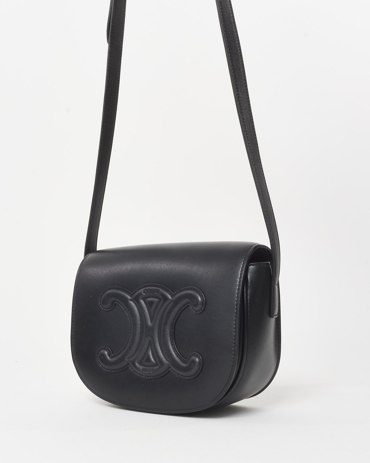 Celine Black Smooth Leather Triomphe Logo Floco Crossbody Bag