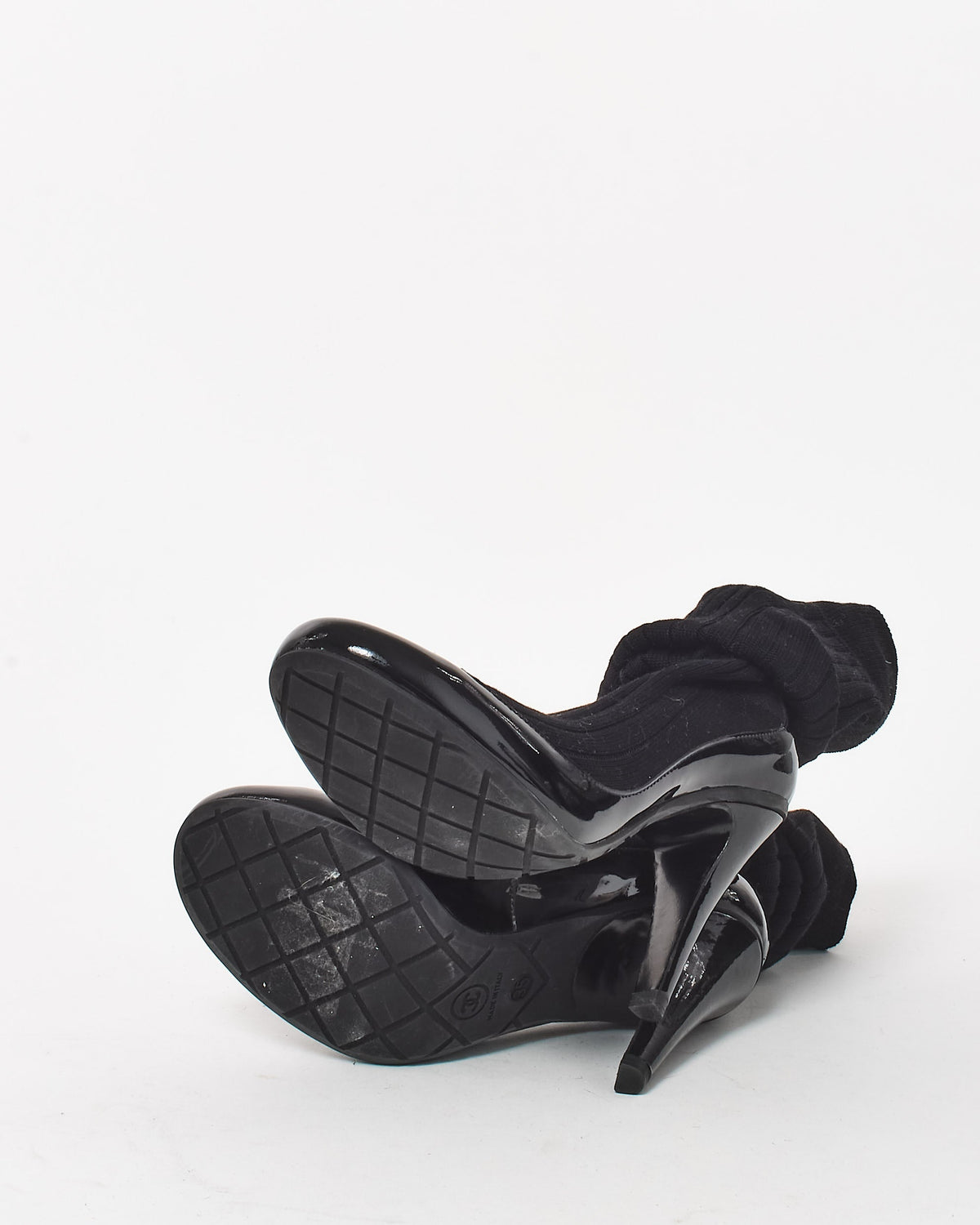 Chanel Black Knit Sock & Patent Leather Stiletto Boots - 35