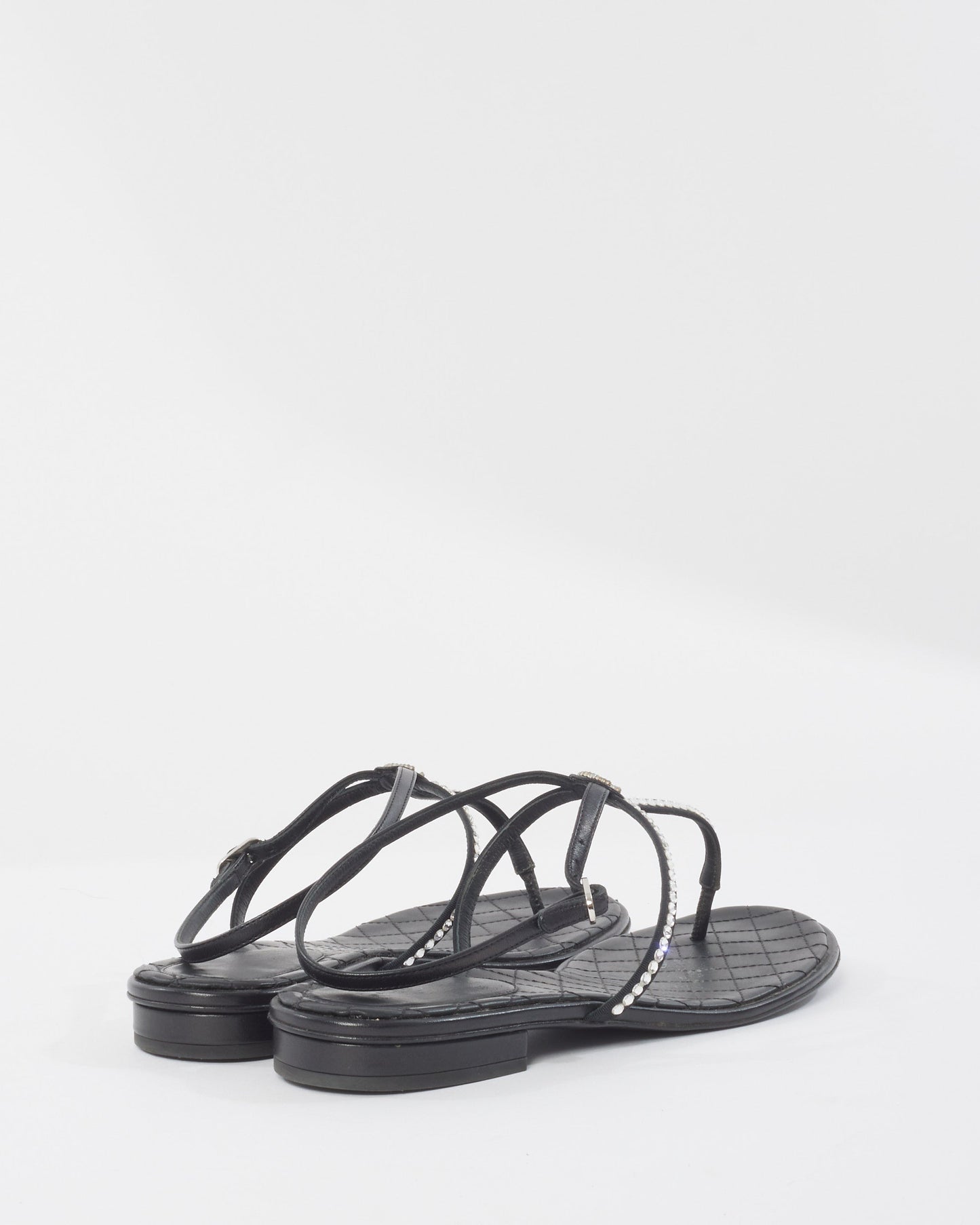 Chanel Black & Rhinestone Logo Thong Strappy Sandals - 40