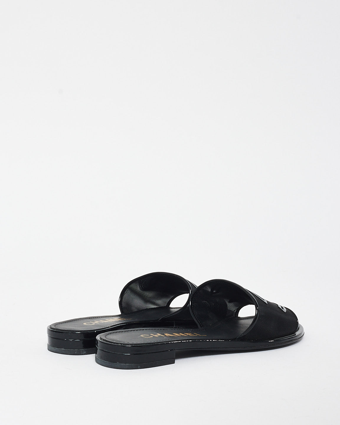 Chanel Black Mesh & Patent Leather Logo Slides - 36C