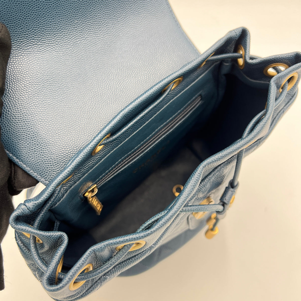 Filigree Blue Backpack in Caviar Leather, Brushed Gold hardware