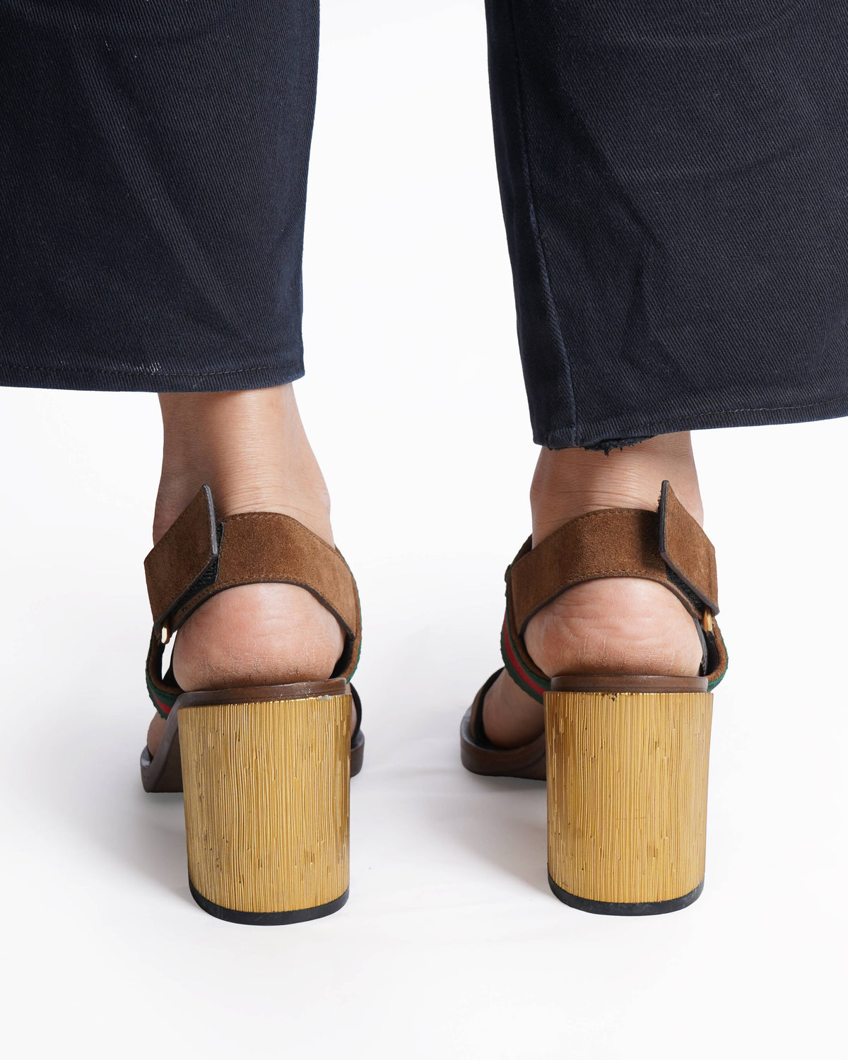 Gucci Brown Suede Web Horsebit Slingback Block Heel Sandals