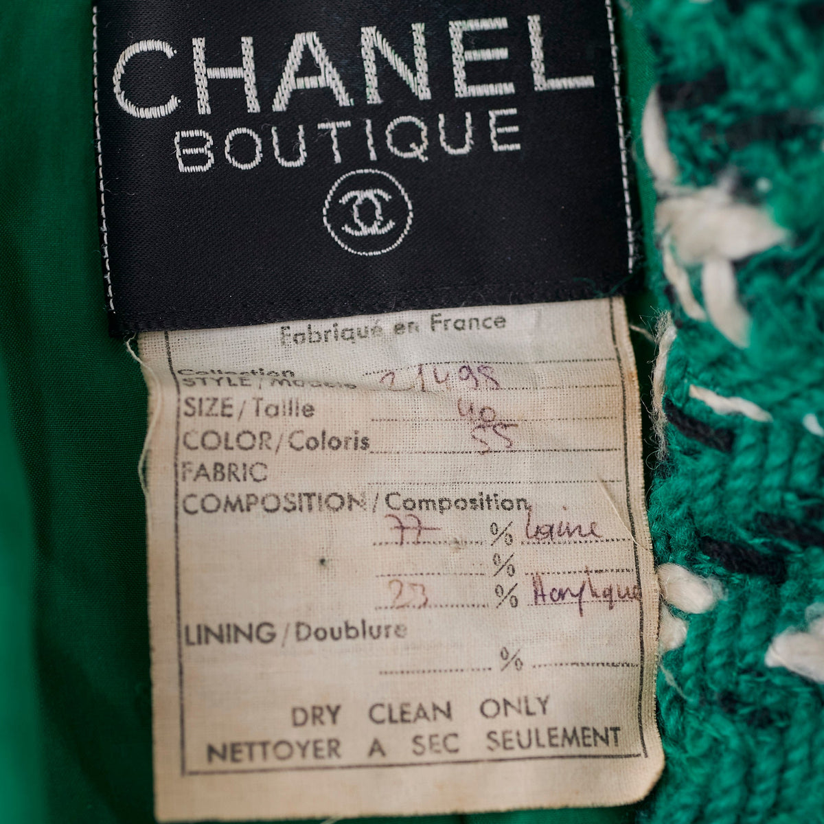 Chanel Green Tweed Jacket and Skirt Set Size 40