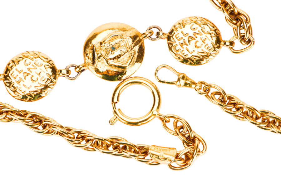 CHANEL VINTAGE GOLD PLATED NECKLACE 88CM NINE GOLD PLATED PENDANTS WITH FONTS ENGRAVES, NO BOX