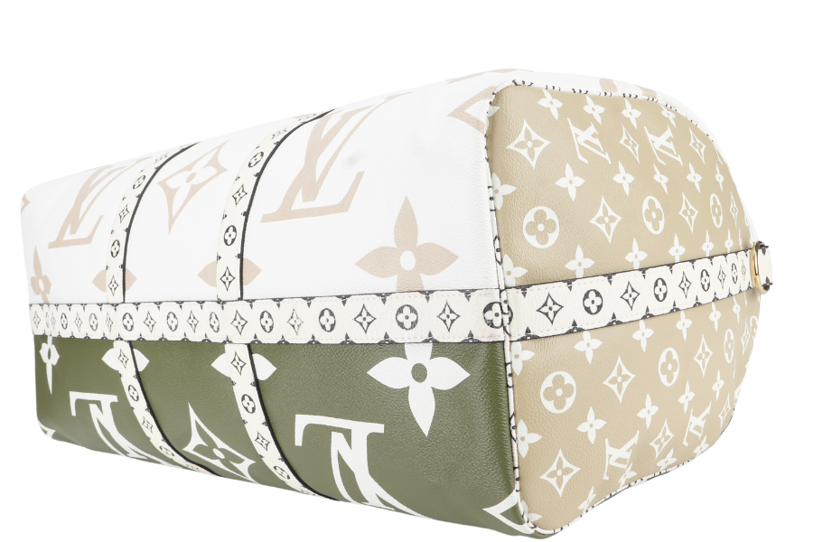 LOUIS VUITTON KEEPALL BANDOULIERE 50 (M44590) KHAKI BEIGE GIANT MONOGRAM GOLD HARDWARE WITH STRAPS, PADLOCK, KEYS, DUST COVER AND BOX