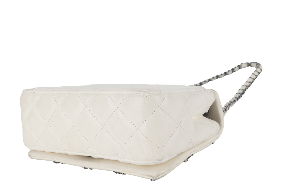 CHANEL QUILTING ENCHAINED FLAP BAG (1968xxxx) WHITE LAMBSKIN LEATHER SILVER HARDWARE WITH , DUST COVER AND BOX