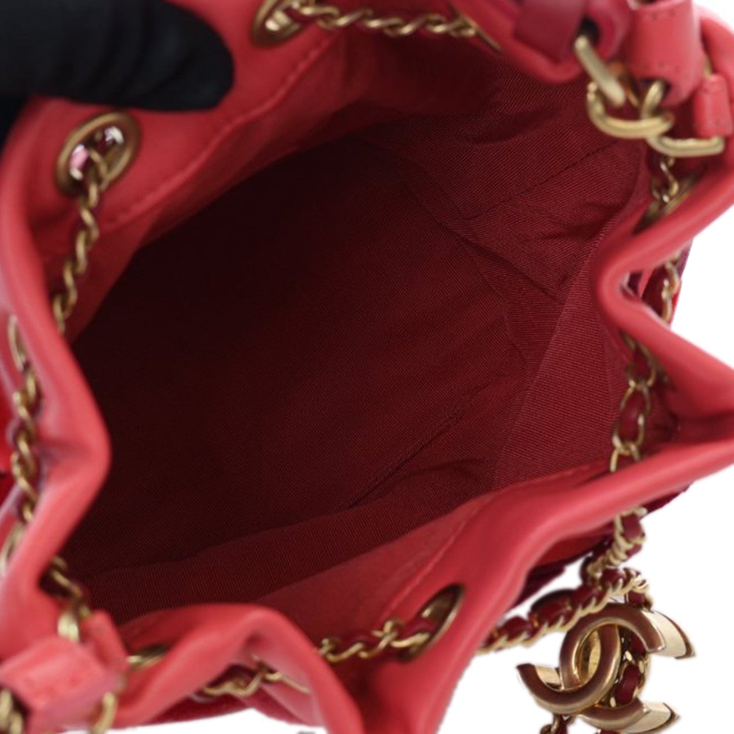 Red Chanel Velvet Camellia Drawstring Bucket Bag