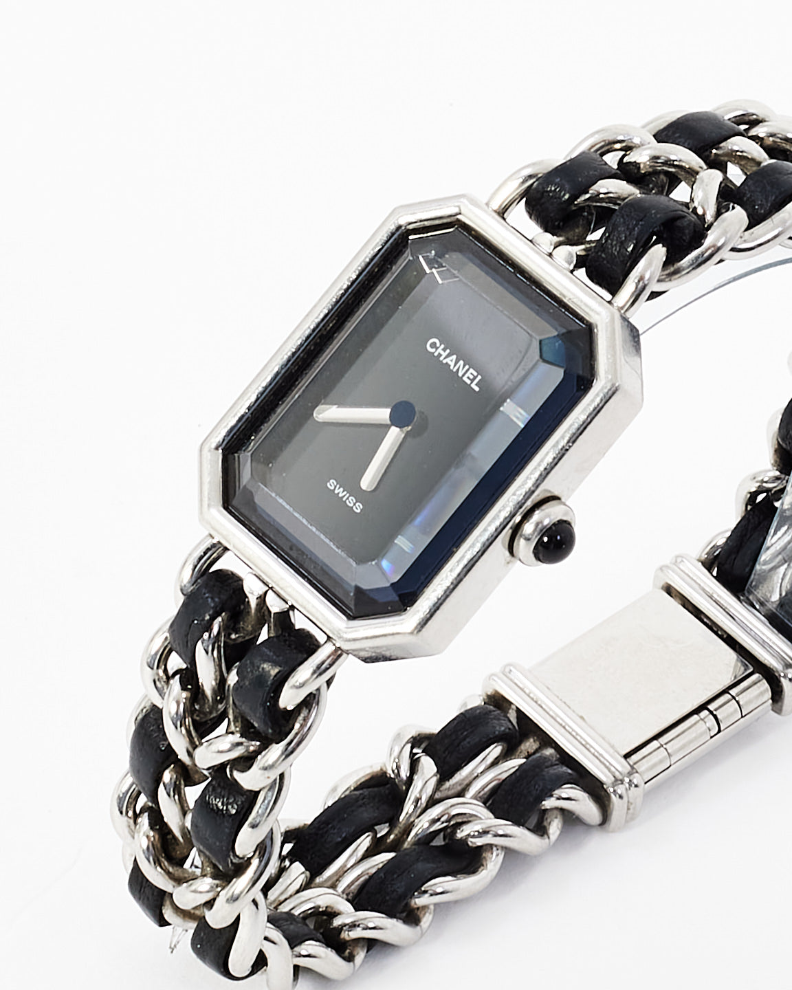 Chanel Sterling Silver & Black Leather Premiere Iconic Chain Watch