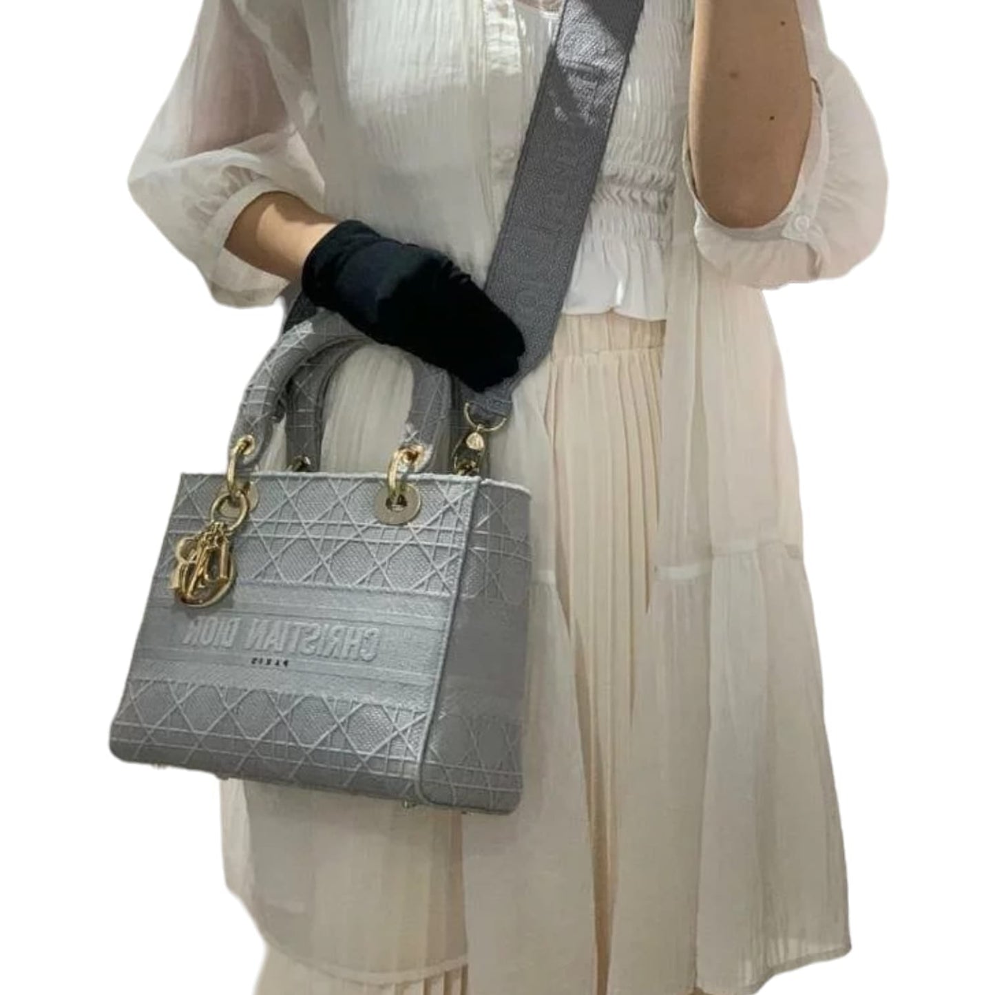 Medium Lady D-Lite Canvas Embroidered Grey GHW