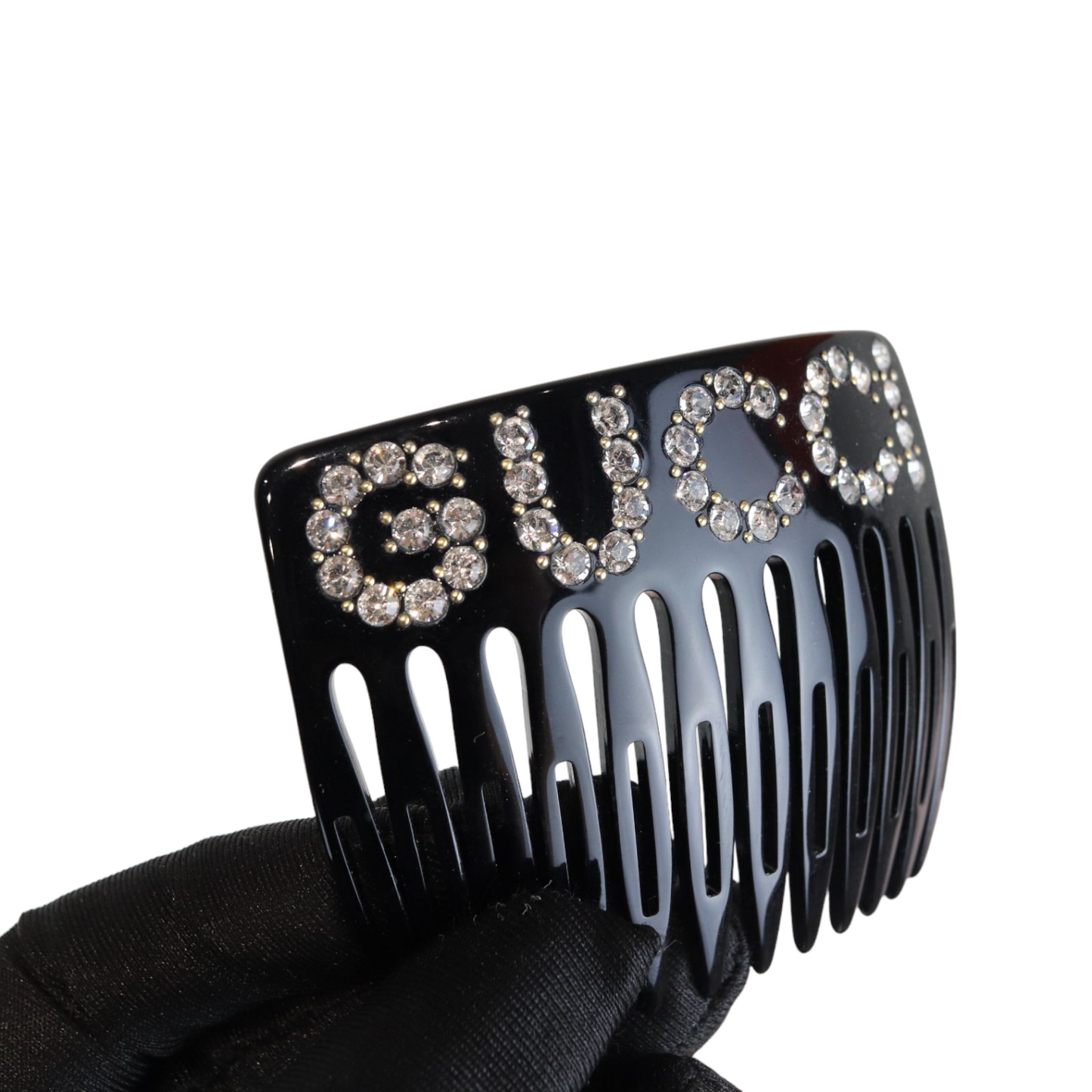 Gucci Crystal Embellished Logo Motif Hair Clip in Black