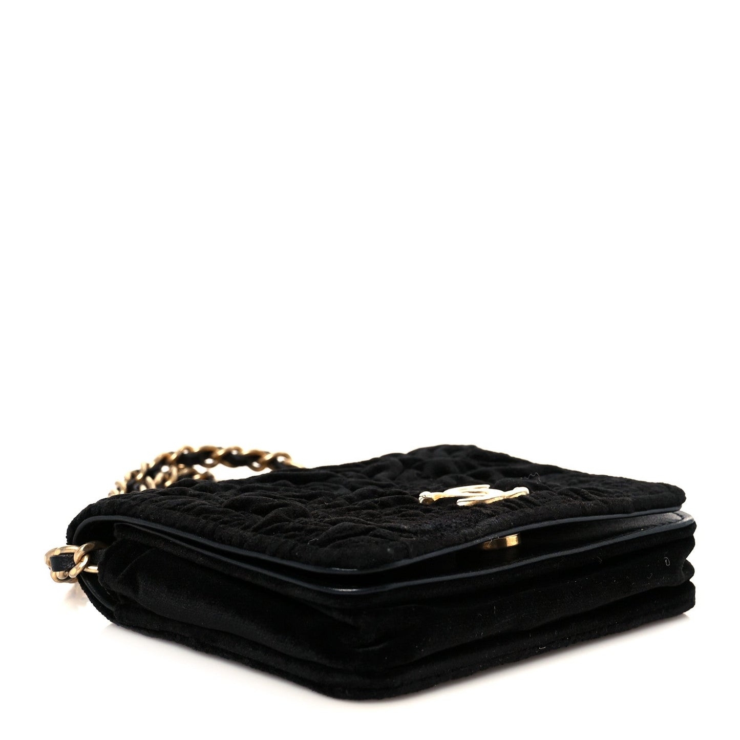 Velvet Quilted Camellia Velvet Flap Coin Purse With Chain Black