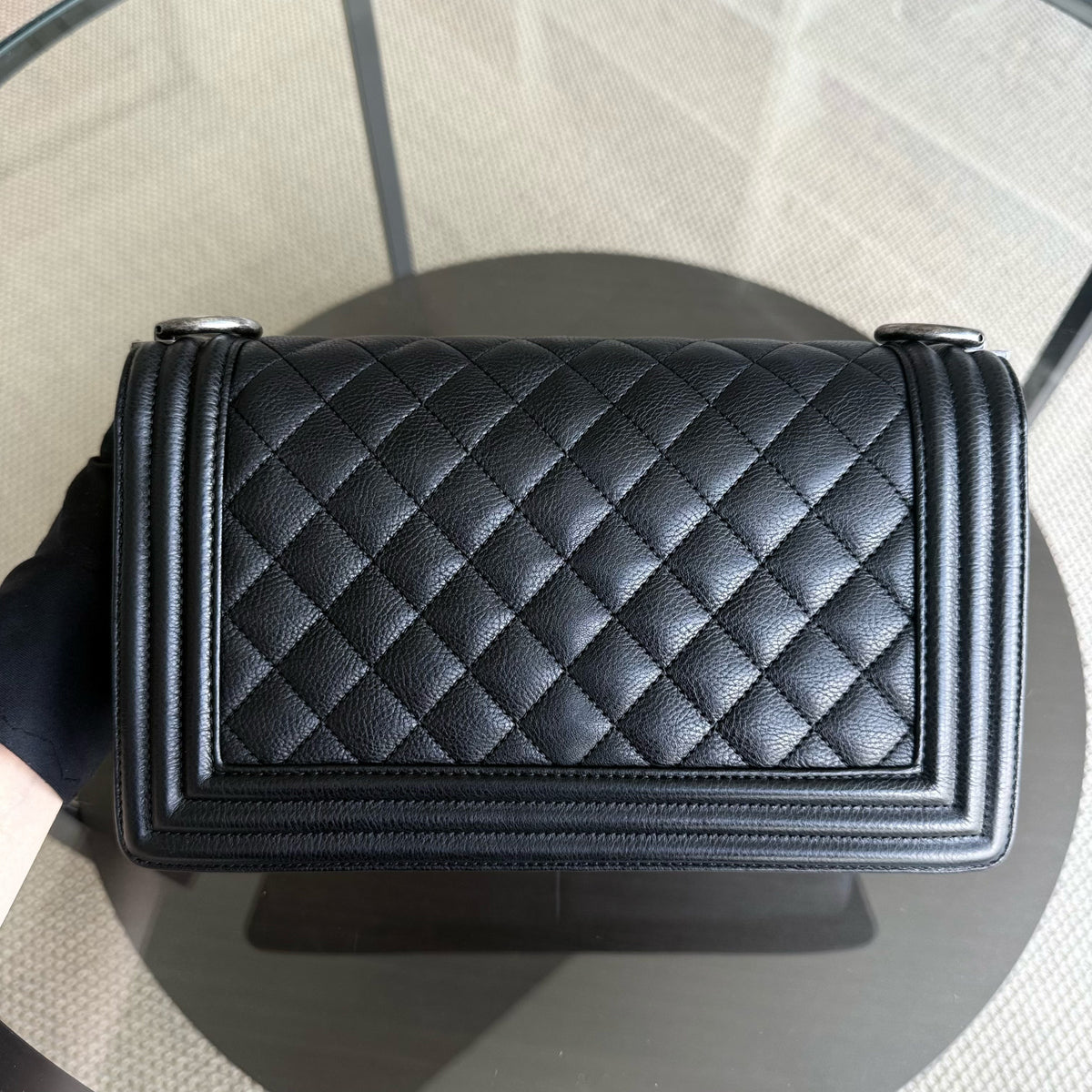 Chanel Boy Medium - Grained Calfskin 25CM Quilted Black Ruthenium Silver Hardware Series 23