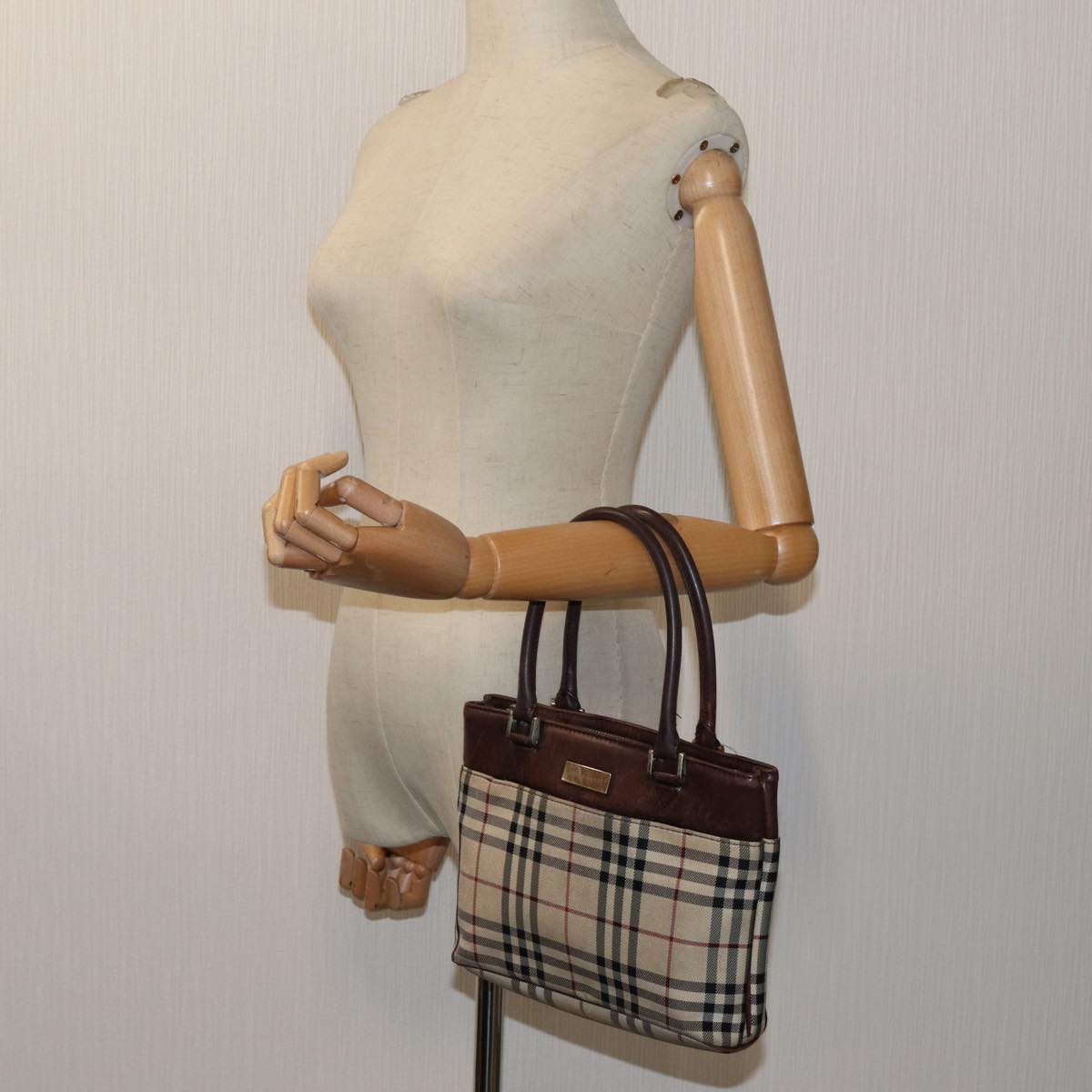 Burberry Nova Check Hand Bag Canvas Beige Auth ac2920