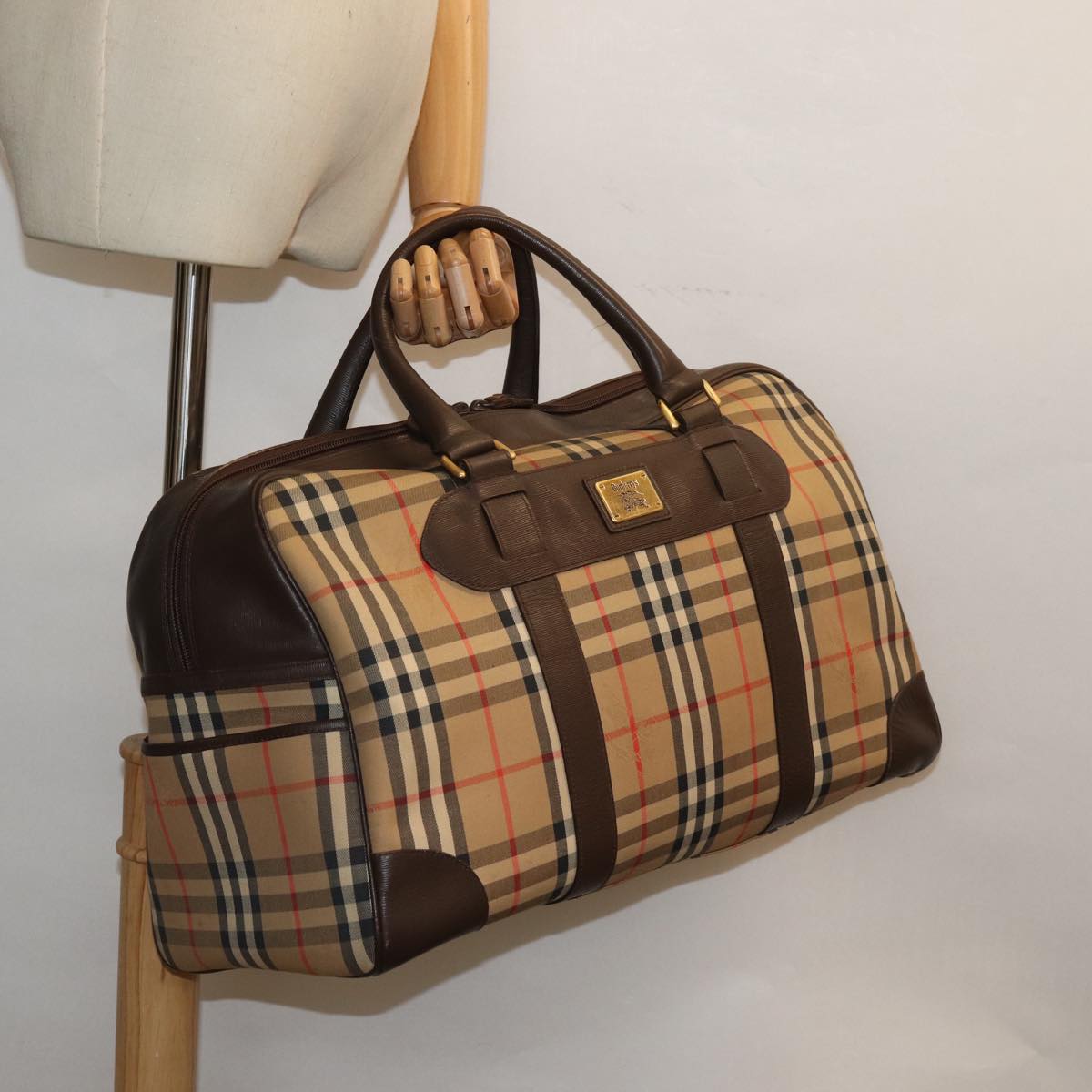 BURBERRYSs Nova Check Boston Bag Canvas Beige Auth ac3128