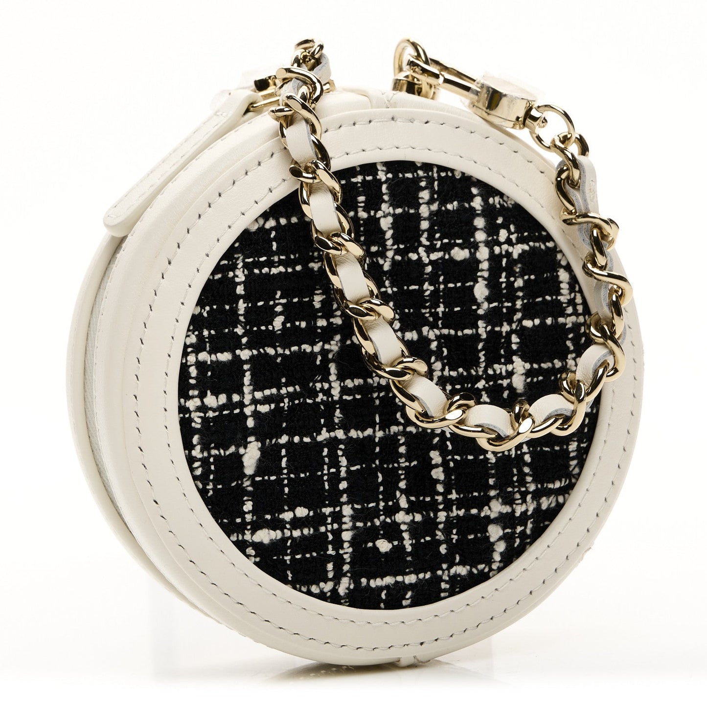 Tweed Quilted Round Filigree Pouch With Chain White Black