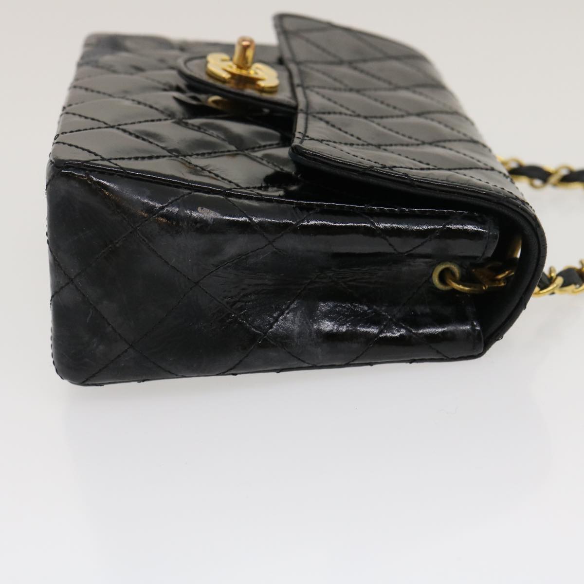 CHANEL Mini Matelasse Chain Flap Shoulder Bag Enamel Black Gold CC ar6839A