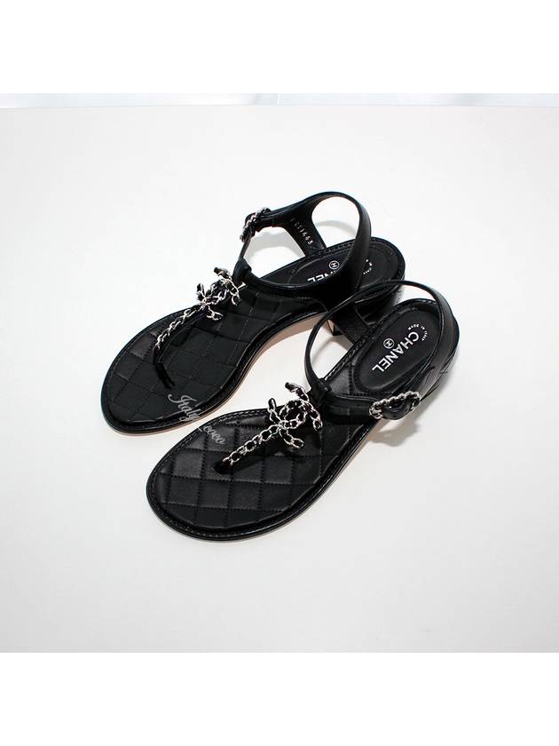 CC Logo Classic Chain Strap Thongs Lambskin Sandals Black Chanel