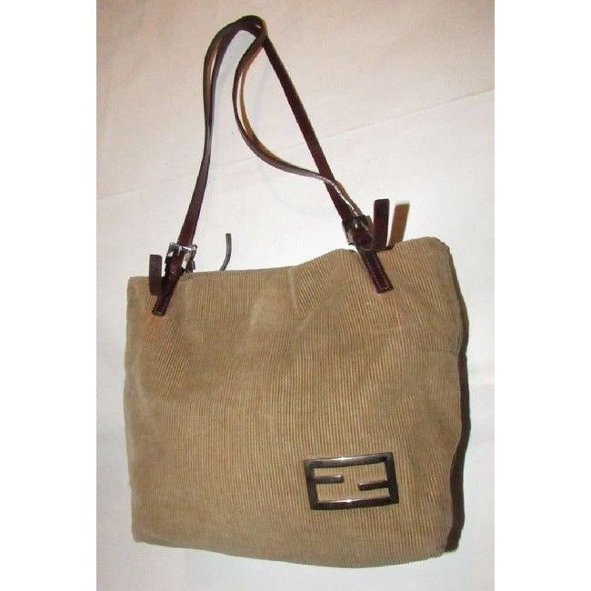 Fendi Camel Corduroy And Brown Leather Tote With Chrome Hardware