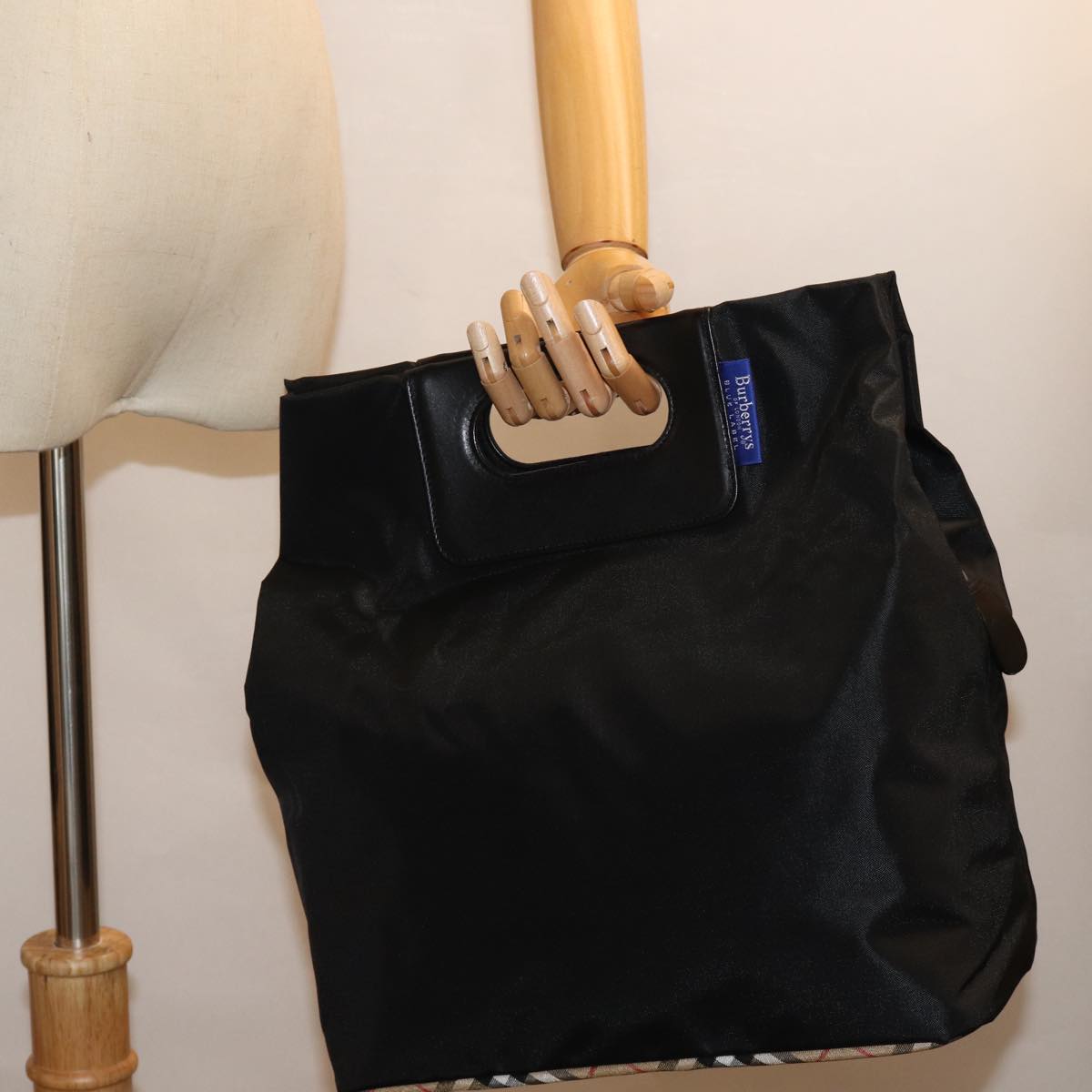 BurberrySs Nova Check Blue Label Hand Bag Nylon Black Beige Auth bs14388