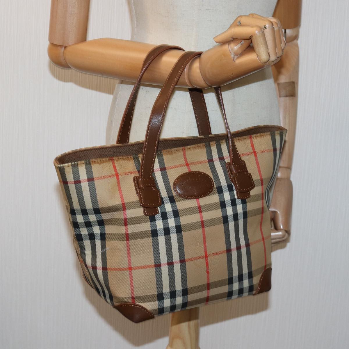 BURBERRYSs Nova Check Hand Bag Canvas Beige Auth bs14688