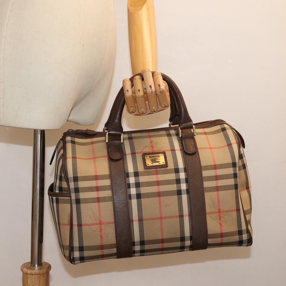 BURBERRYSs Nova Check Boston Bag Canvas Beige Auth bs14694