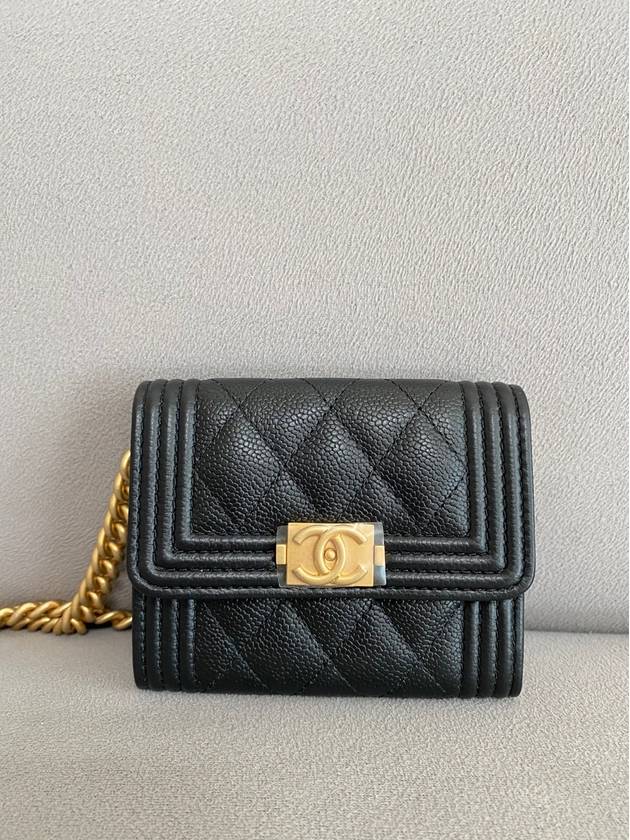 Boy Gold Logo Chain Caviar Card Wallet Black Chanel