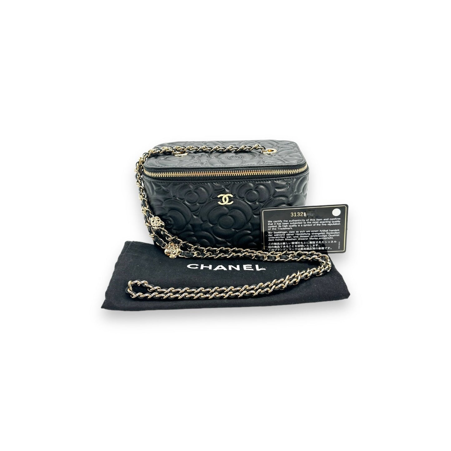 Chanel 2021 Black Camellia Vanity Case w/ Chain