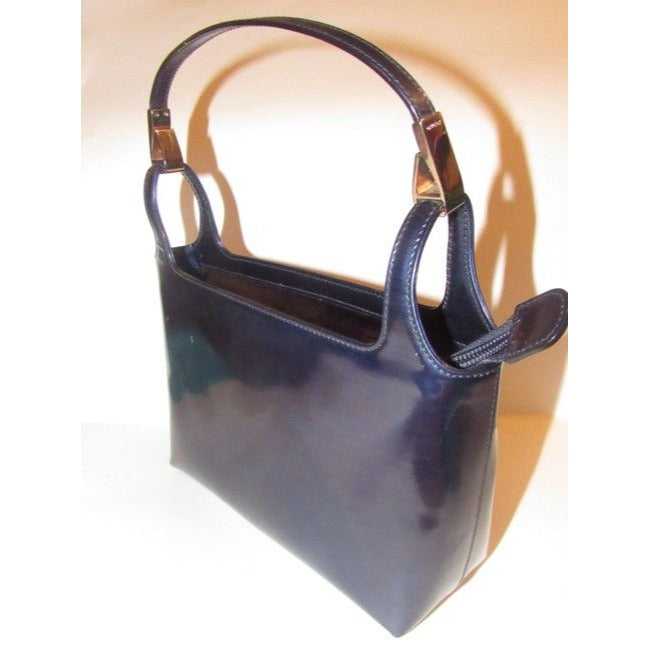 Gucci Top Handle Bag Structured Navy Glossy Patent Leather And Satchel