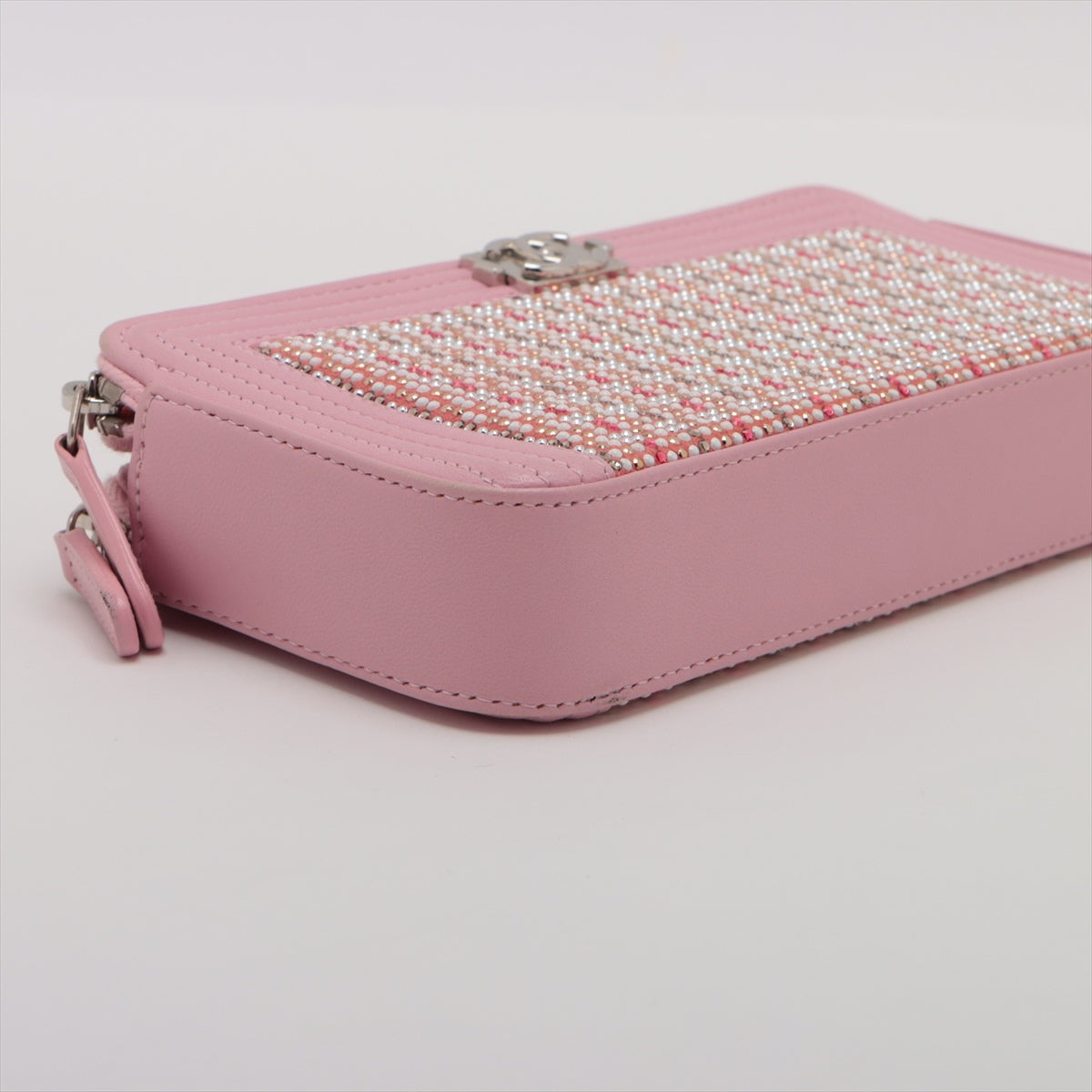 Chanel Boy Chanel Leather X Line Stone Chain Wallet Pink Silver G 23rd