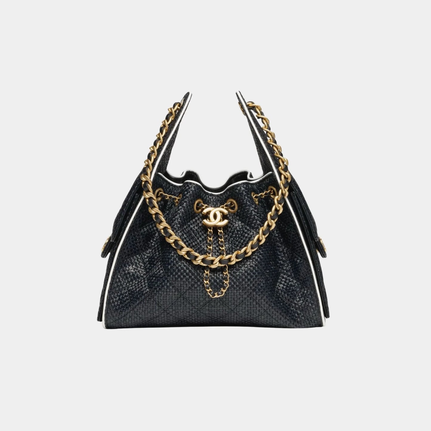 Chanel 25 Small Handbag Braided Raffia Calfskin & Gold Tone Metal, Black and White