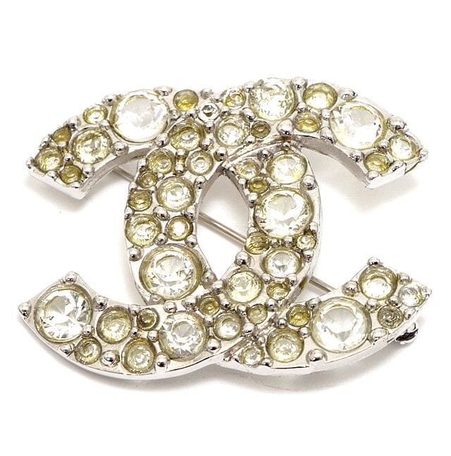 CHANEL CC Mark Crystal Silver-toned Pin Brooch 06V #62404 AJCSC1252